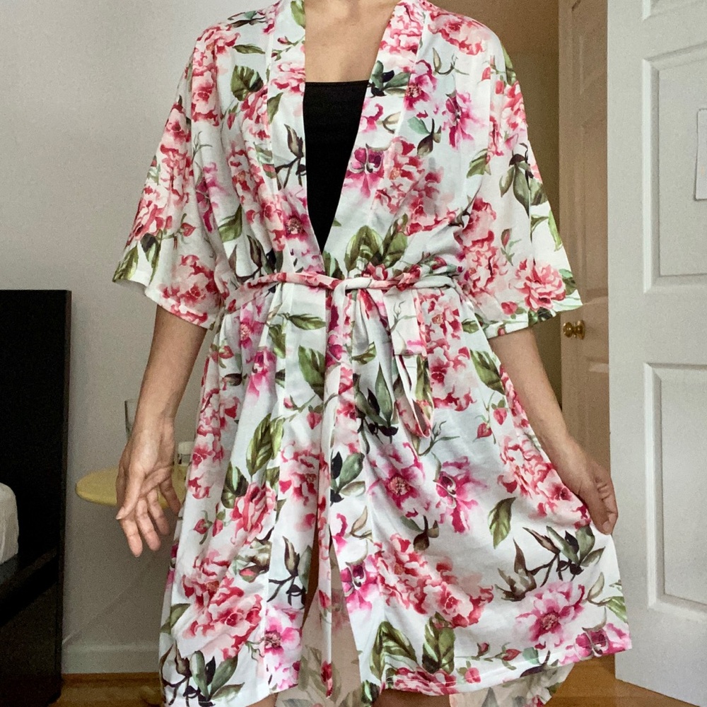 pink floral kimono style robe